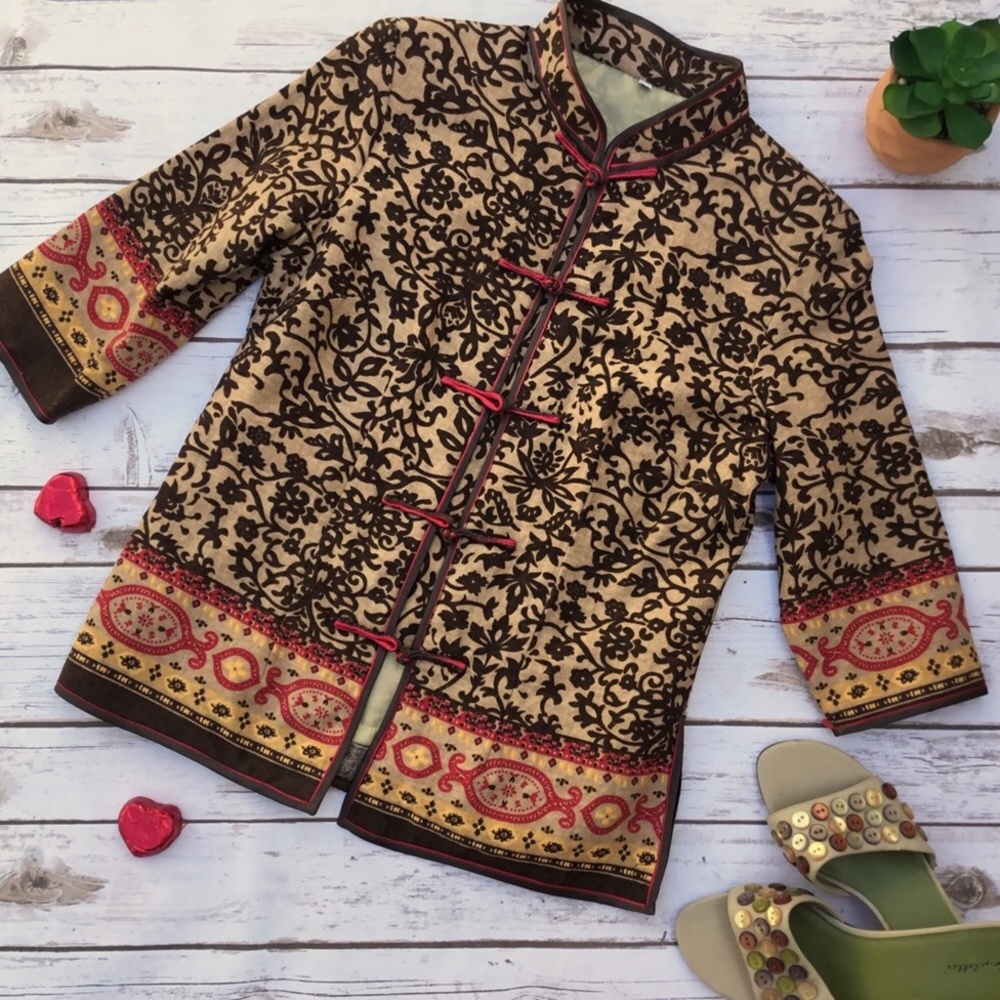 Asian Inspired Print Jacket with Mandarin Collar